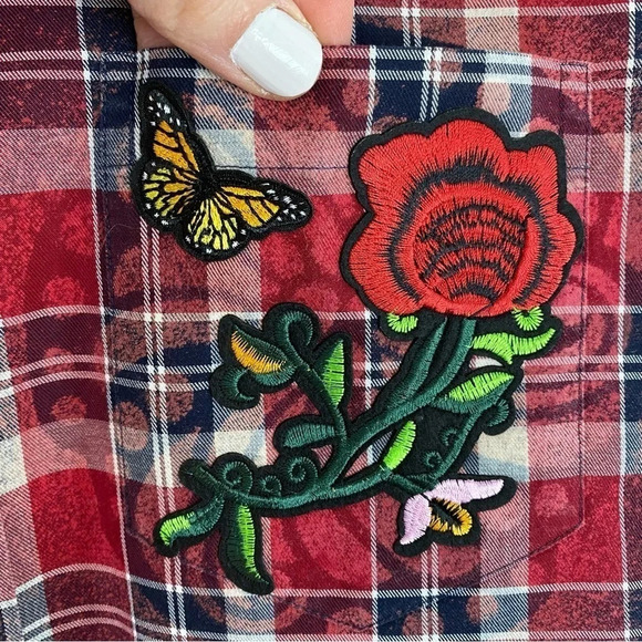 Handmade Boho Flannel Shirt Size Large XL Plaid Embroidered Floral Bleached Red - Picture 5 of 15